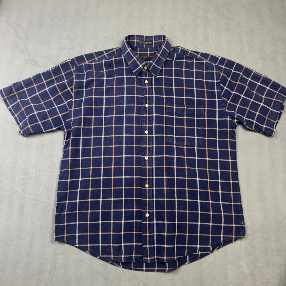 Chesterfield Mens XL Linen Cotton Plaid Short Sleeve Button Down Shirt Navy Blue